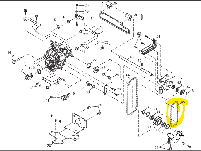 Chaine de transmission petite iseki sw5210 kaaz, 91074-134, 91074134, 91074143, 91074-143